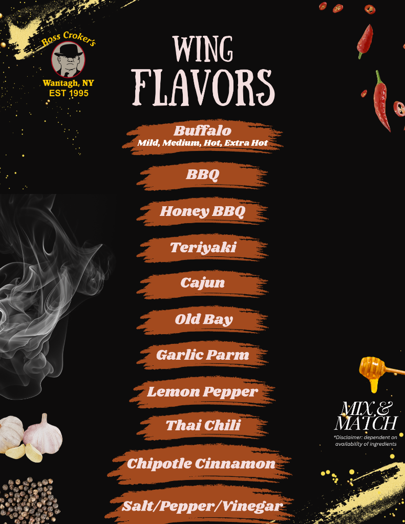 Boss Croker's Famous Wing Flavors and Sauces Menu